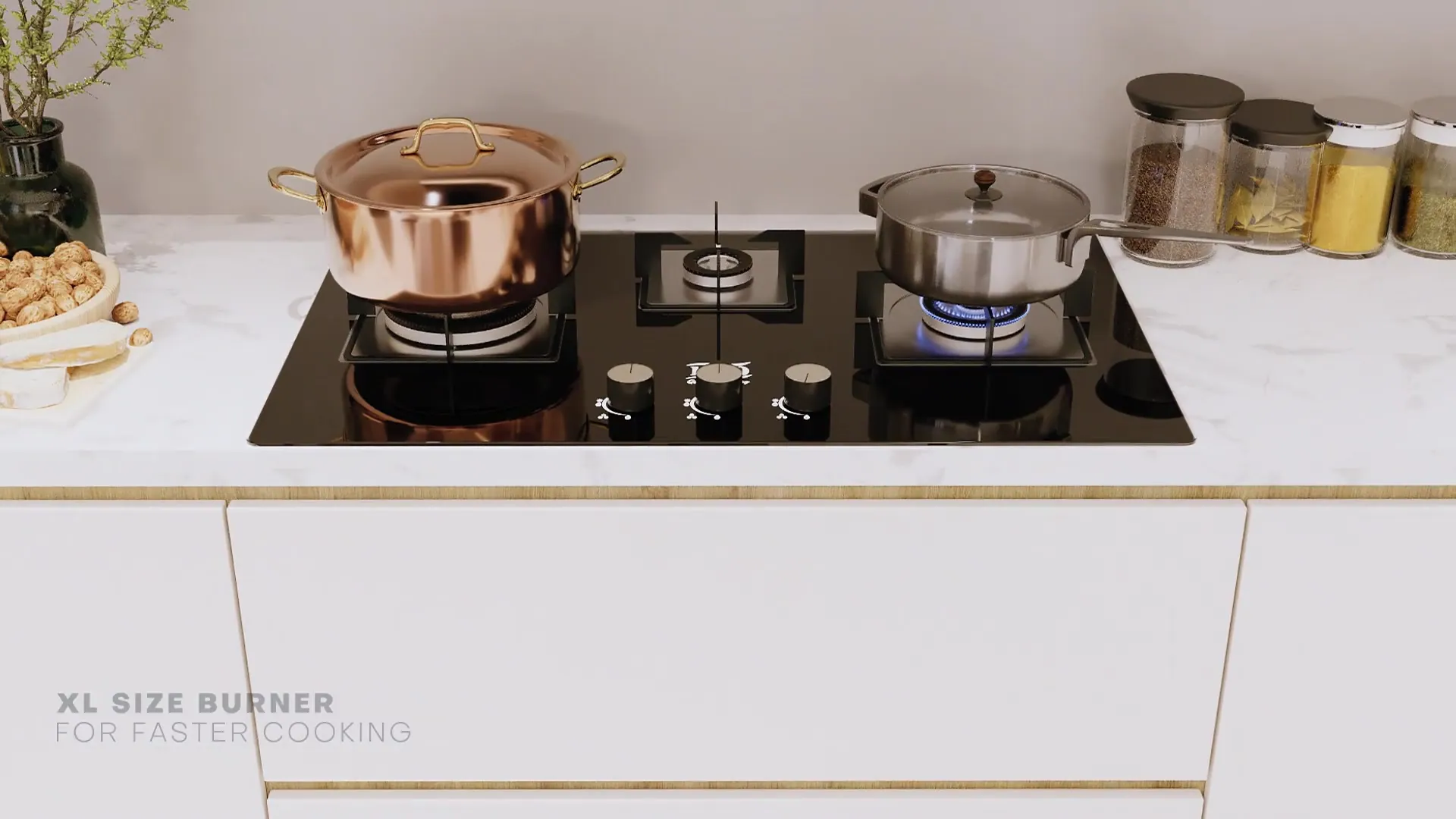 Rendered hob set into a white kitchen worktop, with a copper pot and a steel pot, spice jars and a plant.
