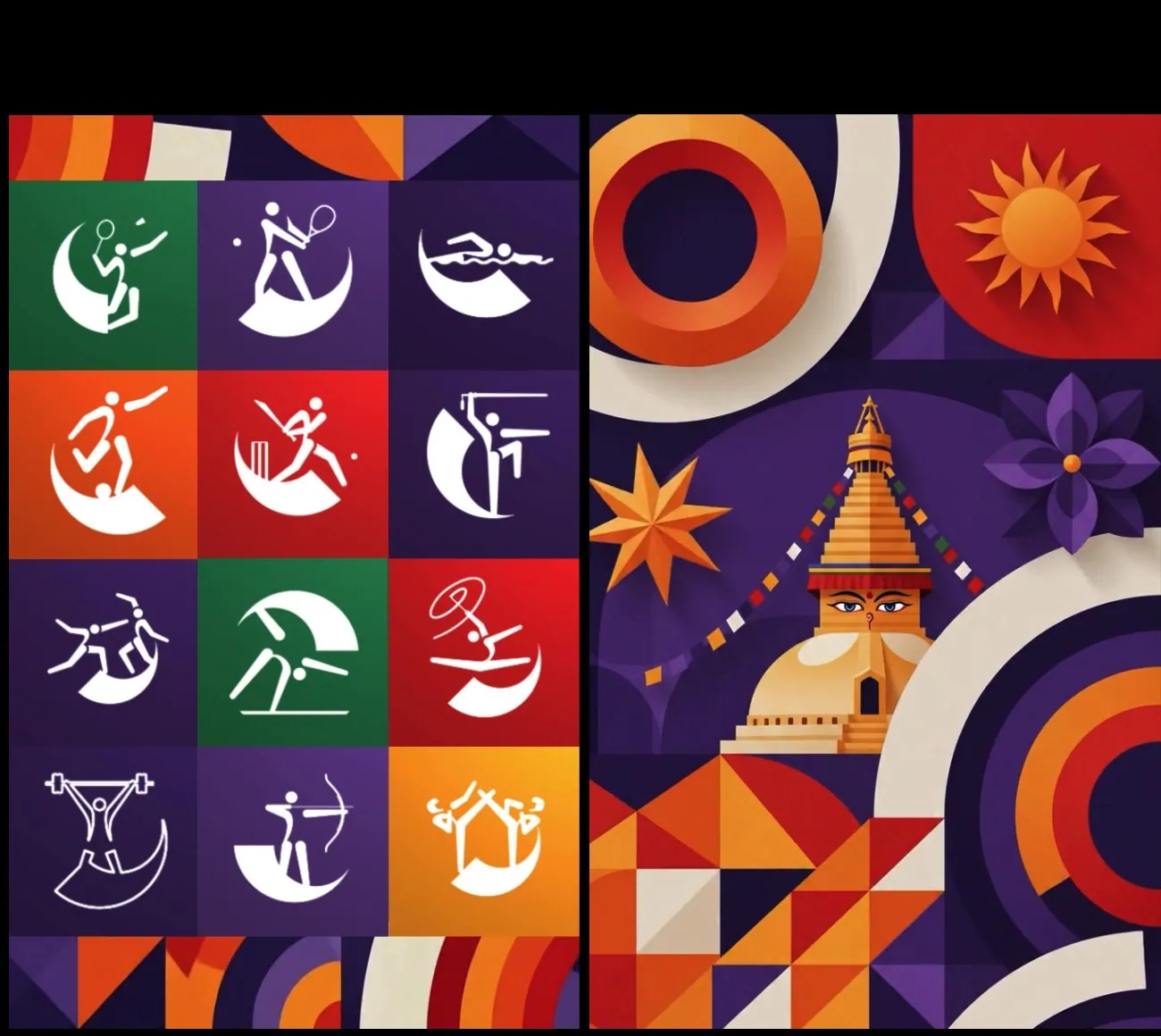 Right side panels of the 2082 canvas: a grid of sport pictograms beside a mosaic with a golden stupa, stars and target arcs.