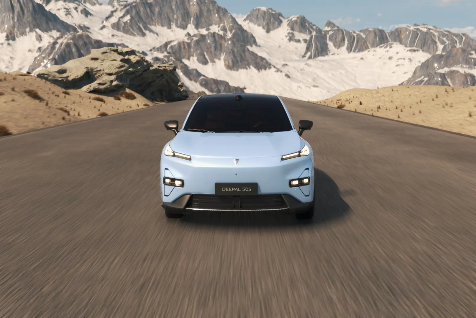 Beauty render: pale blue Deepal S05 head-on on a mountain road with a motion-blurred surface.
