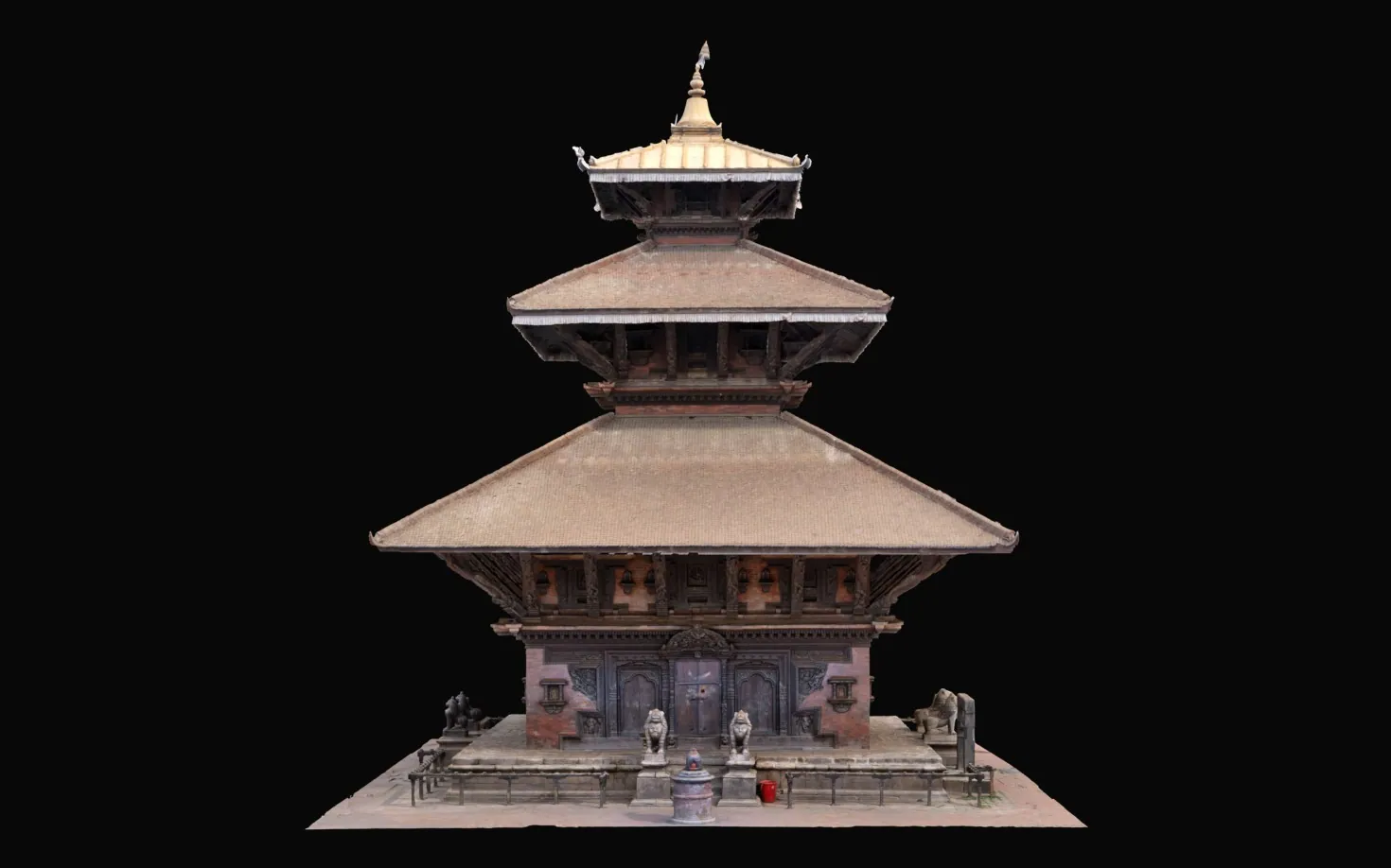 Front view of the temple model: three roofs stacked above a carved brick lower storey with doors and windows.