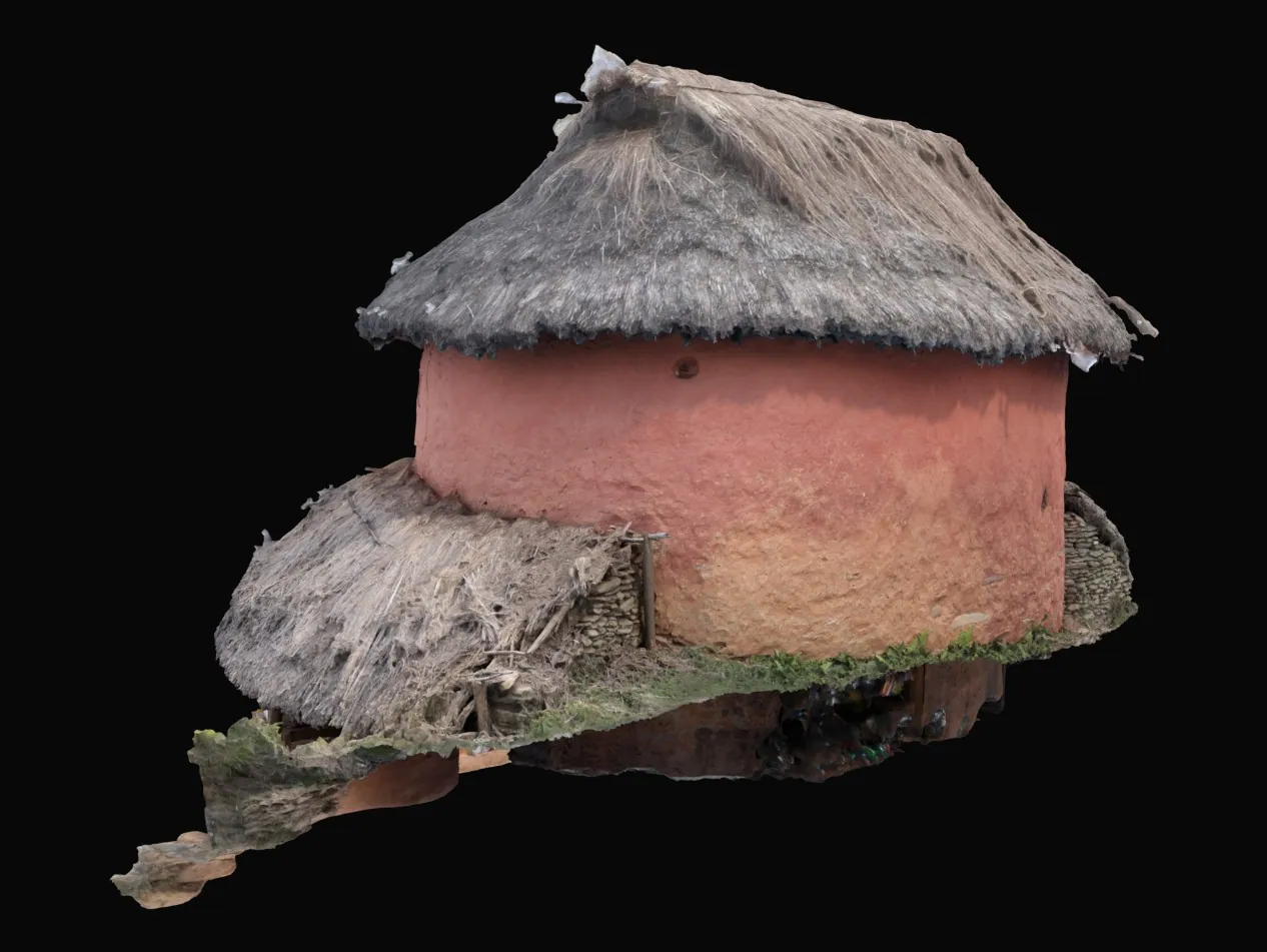Render of the round house model from the opposite side: a curved plastered wall under the upper roof, with a stone-lined base.