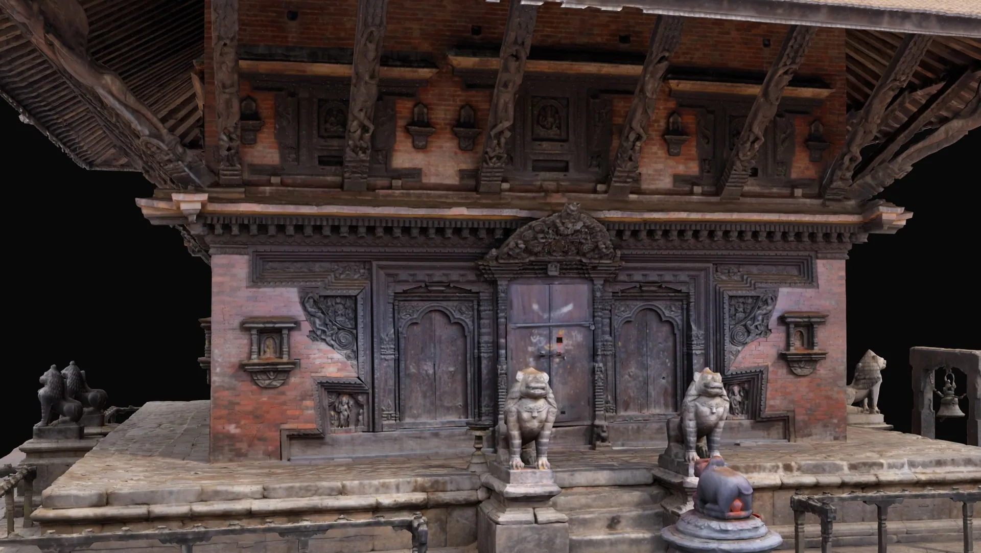 Close render of the temple's lower storey: carved wooden doors, brackets and brickwork under the lowest roof.