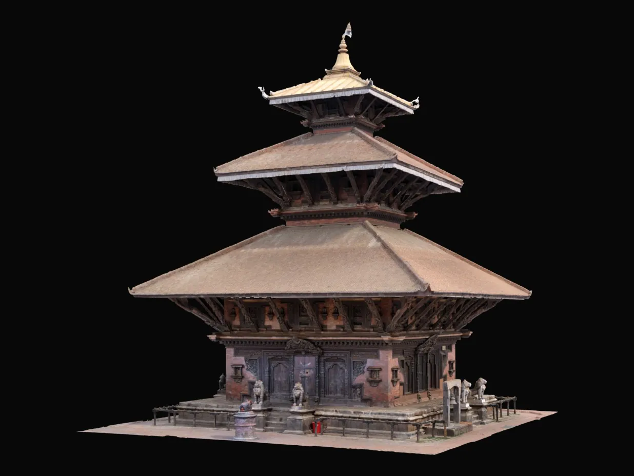 Render of the temple model from the opposite three-quarter view, showing carved doors and a bell beside the plinth.