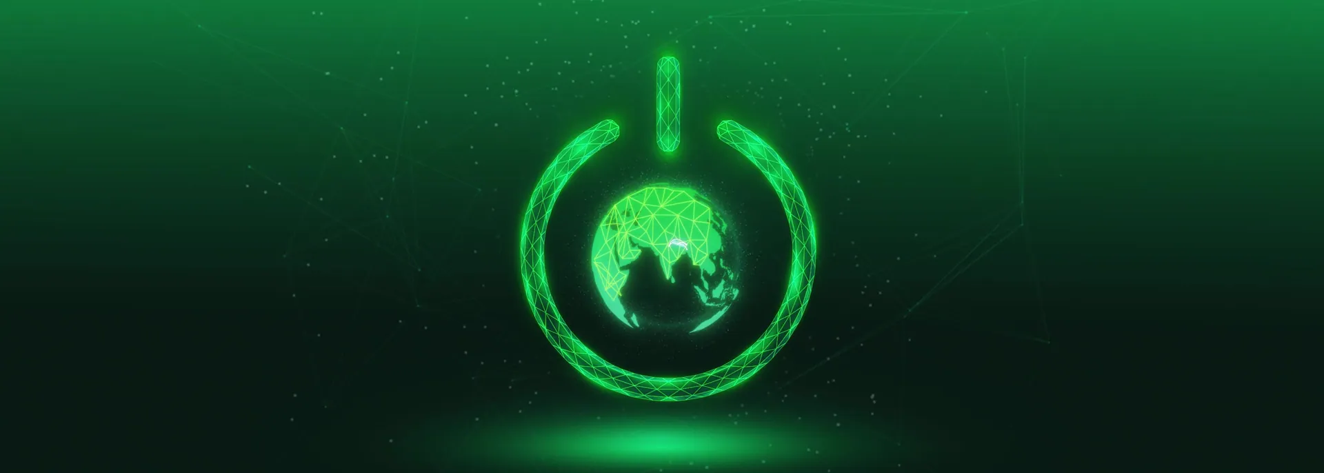 A glowing green power-button emblem with a wireframe globe at its centre, on a dark green background.