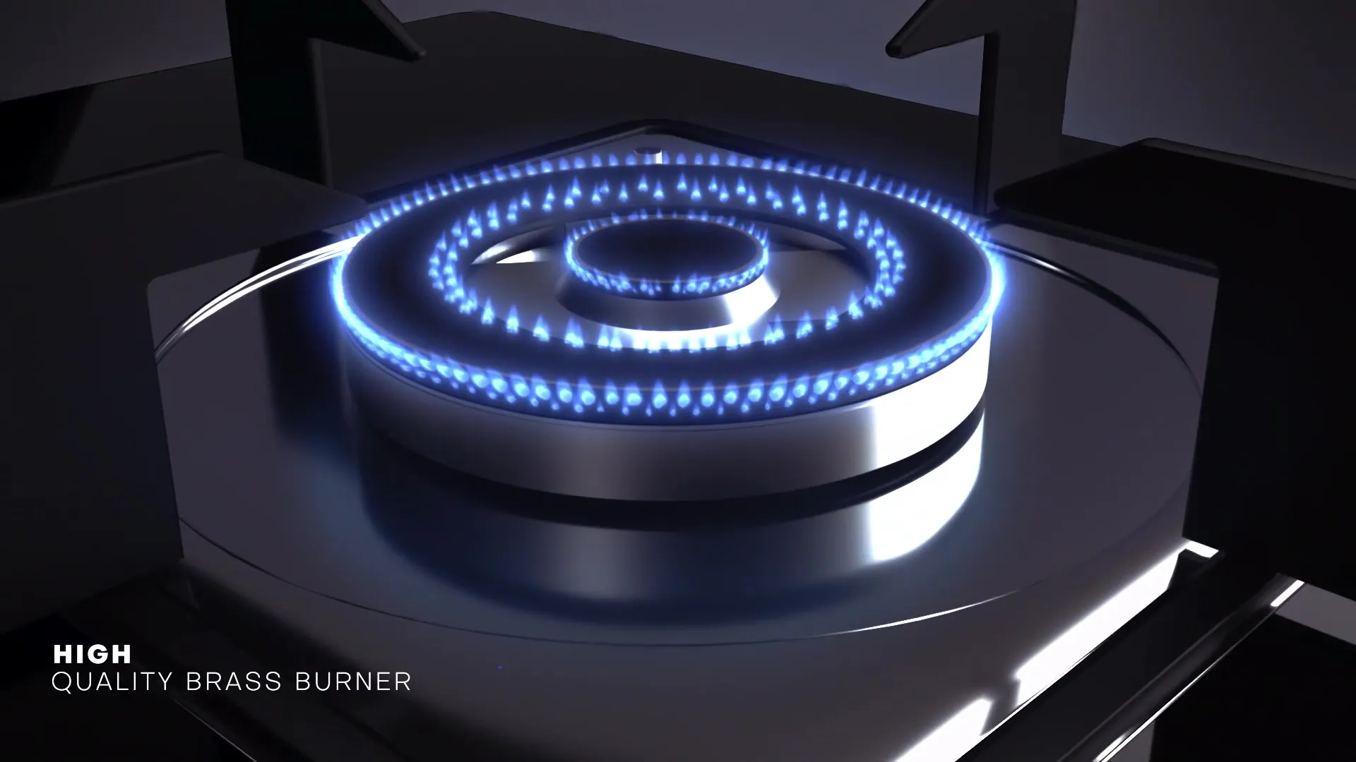 Rendered brass burner with a double ring of blue flame on a black glass hob, with the caption High Quality Brass Burner.