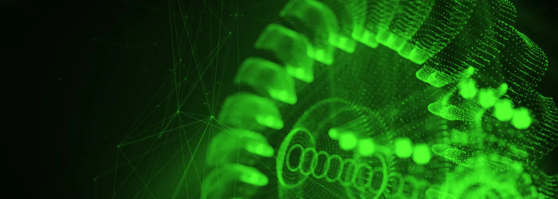 A wireframe gear mechanism in glowing green particles.