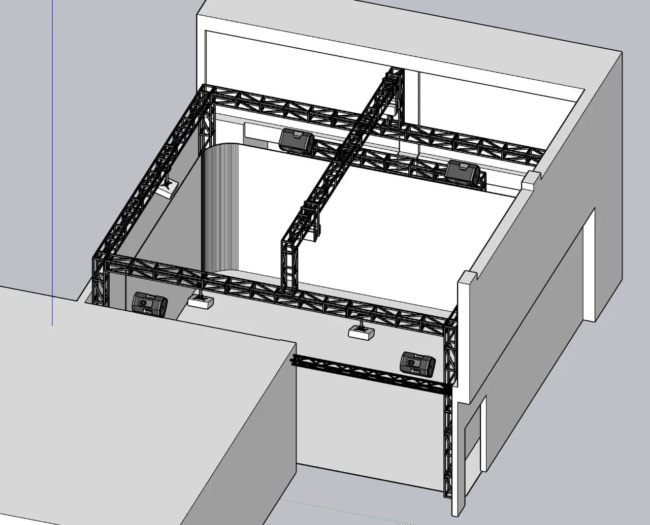 Isometric 3D model of the hall with a black truss frame above it, projectors mounted on the frame and the curved screen walls inside.