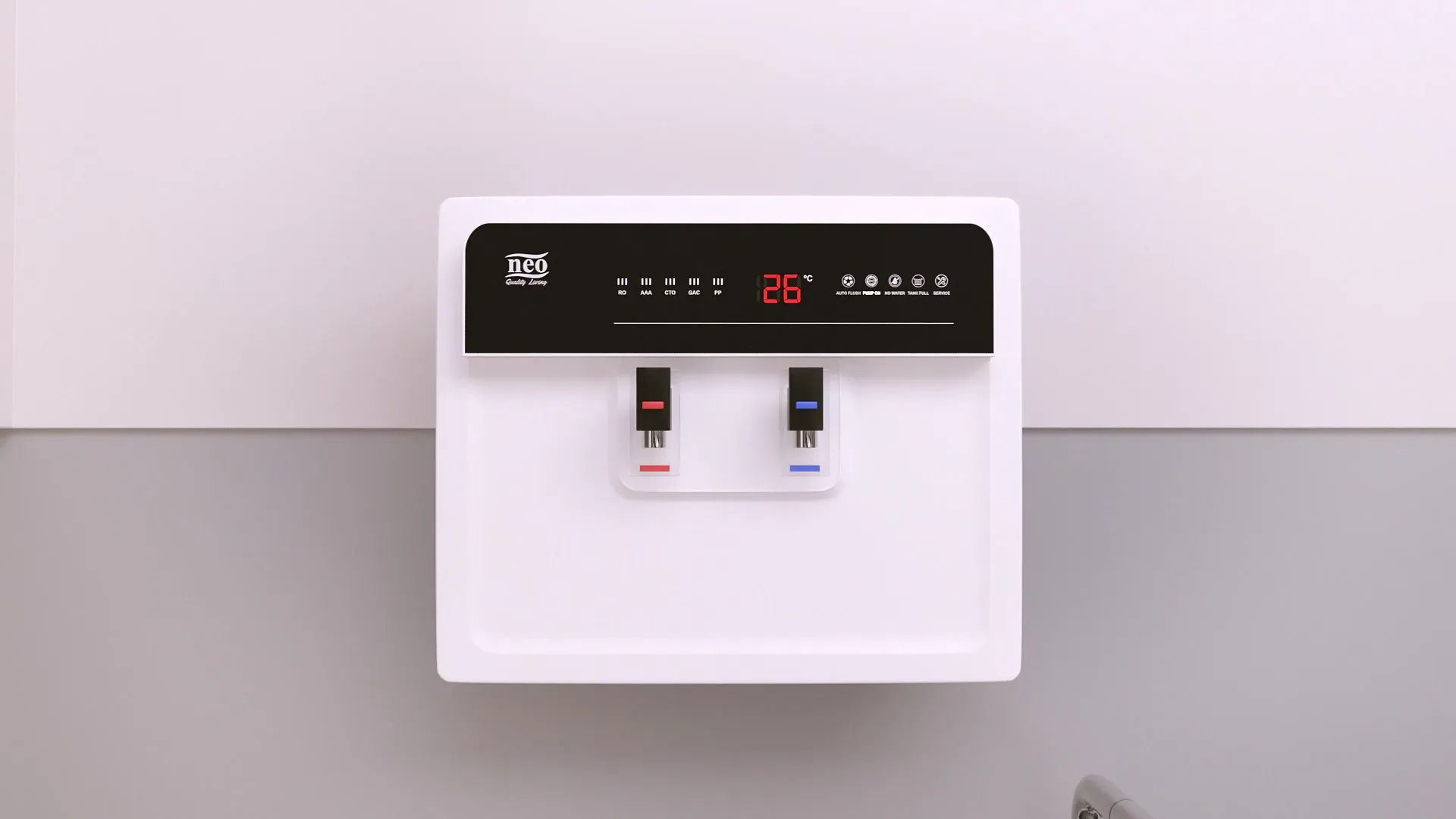 Rendered white RO purifier with a black display panel showing 26 degrees, mounted on a kitchen wall above a tap.