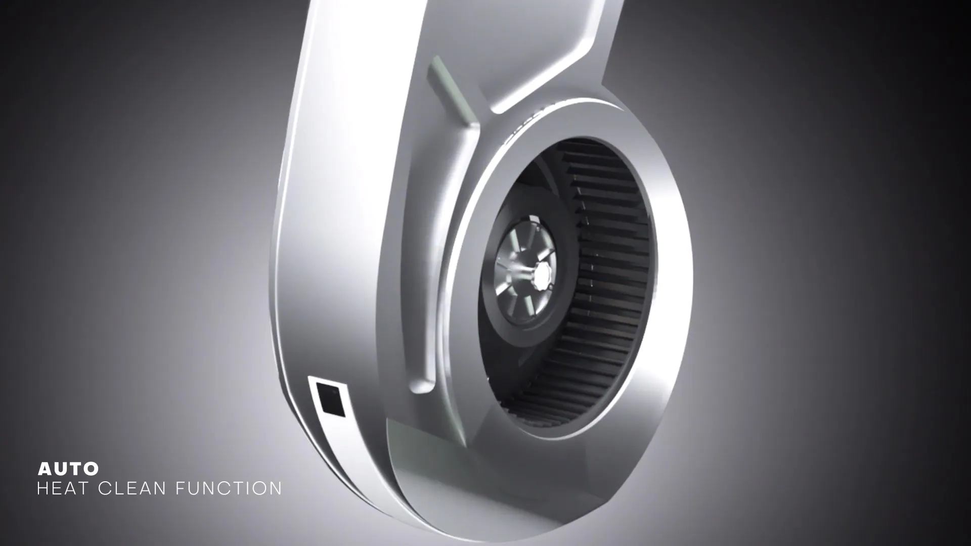 Rendered chrome blower housing of the Ace chimney with a black fan wheel, with the caption Auto Heat Clean Function.