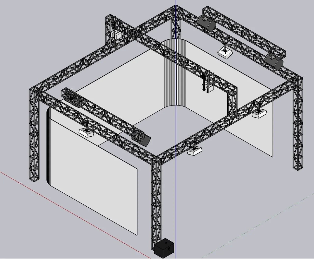 Isometric 3D model of the truss frame and screen walls without the hall: four larger projectors on the side trusses and four short-throw units hanging from the frame.