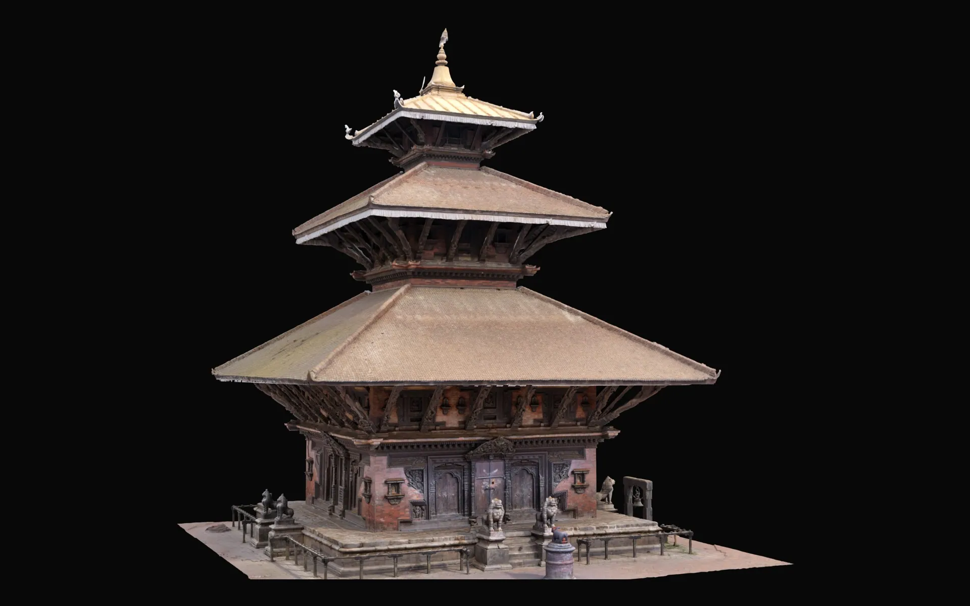 Render of the textured Indreshwor Temple model from a three-quarter view: a three-tier pagoda with a red-brown roof, a gilded top roof and pinnacle, and a stepped plinth with stone lions and a railing.