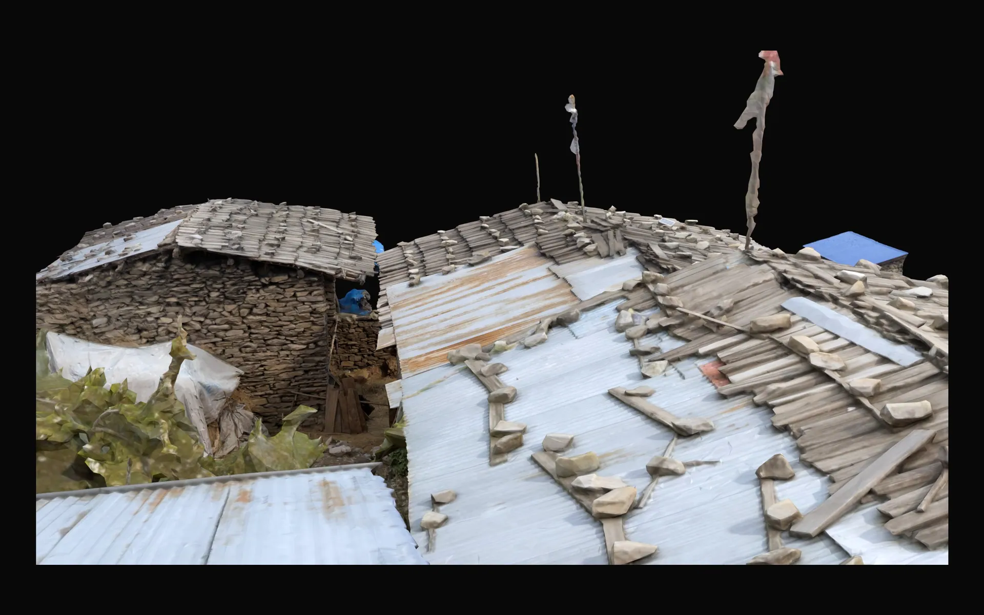 Close render of shingle and corrugated-metal roofs on the Gatlang model, with prayer flags and a blue roof beyond.