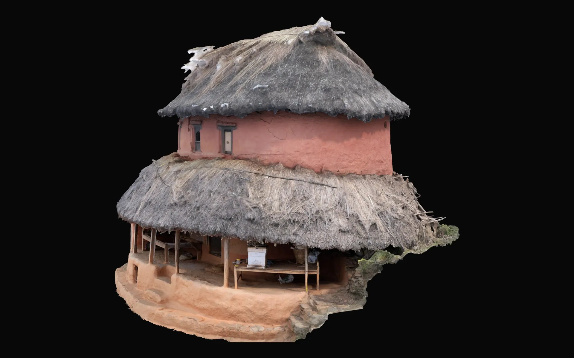 Render of the round house model from the front left: a thatched upper roof over a plastered wall with small windows, a wide lower eave and a veranda with wooden posts.