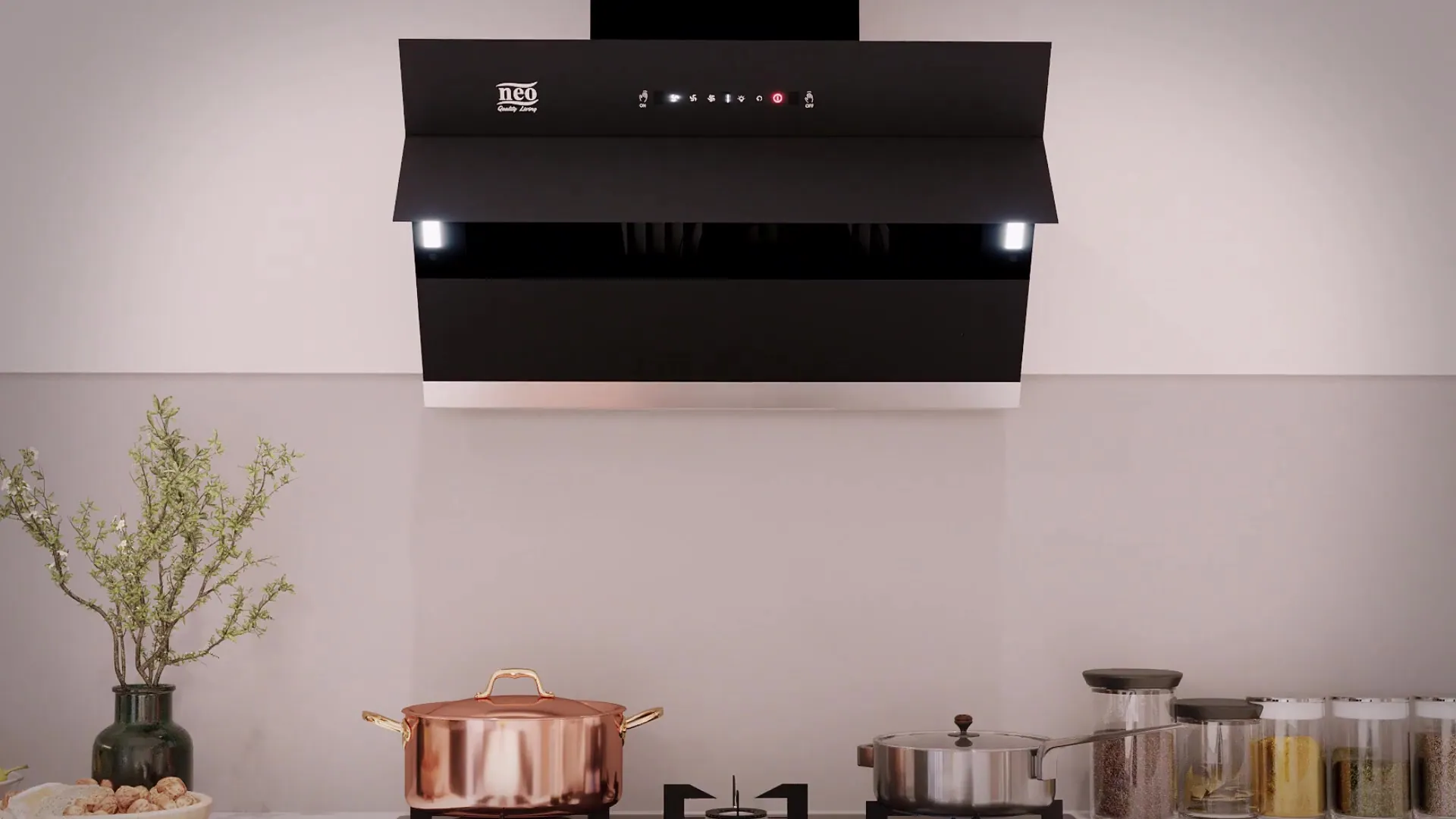 Rendered black Ace chimney hood above a kitchen counter with a copper pot, a steel pot, spice jars and a plant.