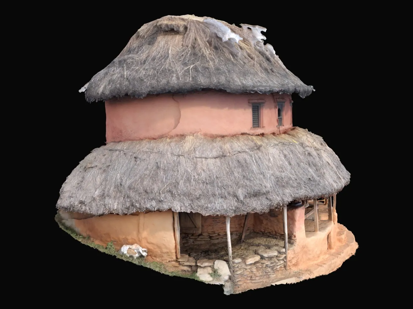 Render of the round house model from the rear three-quarter view, showing both thatched tiers and the plinth.