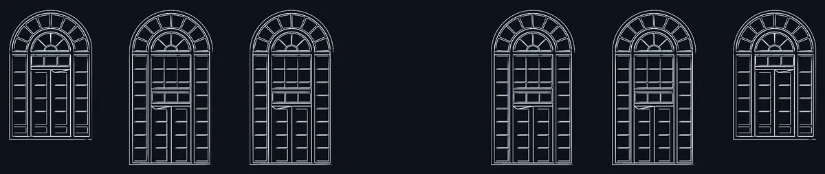 Line drawing of six arched windows with the centre window omitted.