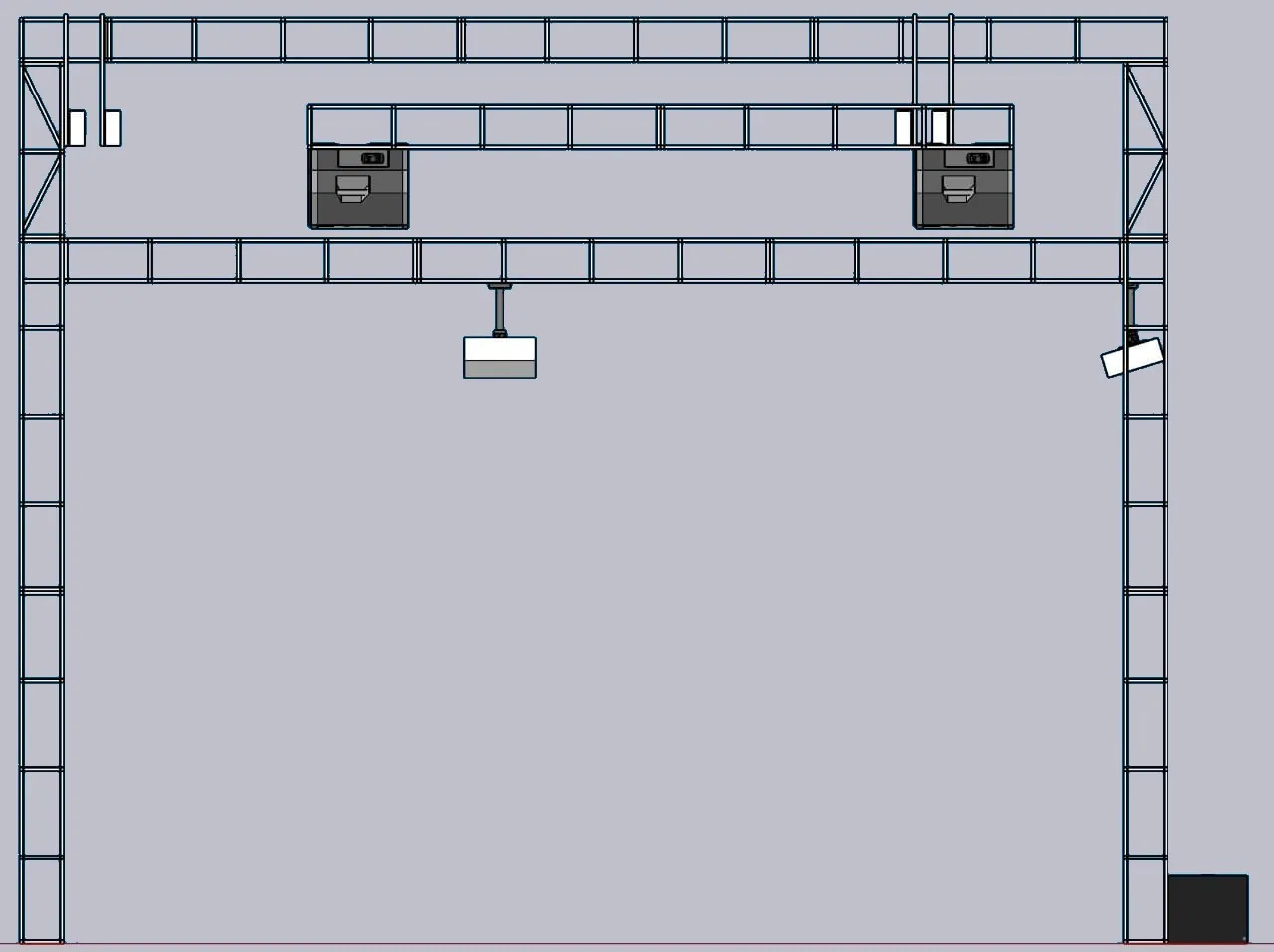 Side elevation of the truss frame with a hung projector and two larger units on the upper truss.