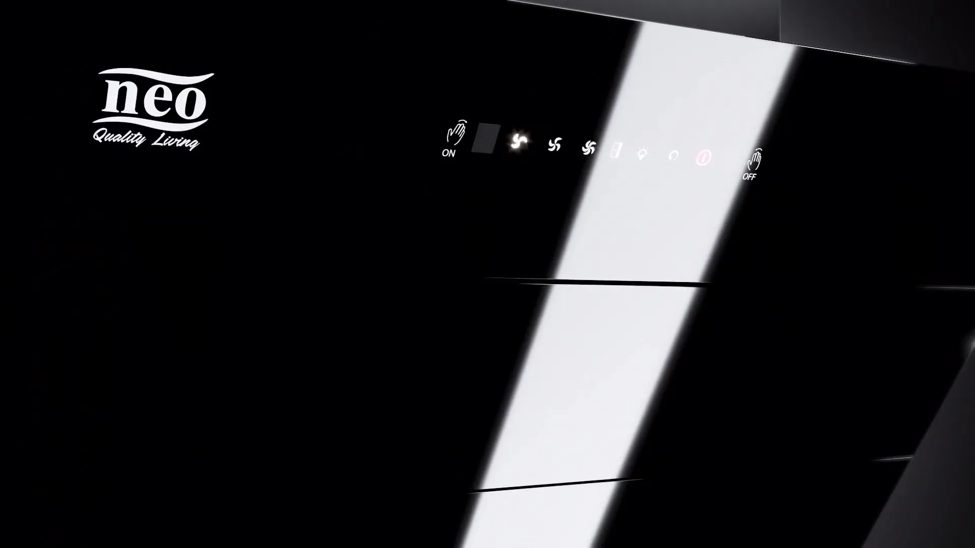 Rendered black glass front of the Ace chimney with a bright reflected strip and a row of touch controls.